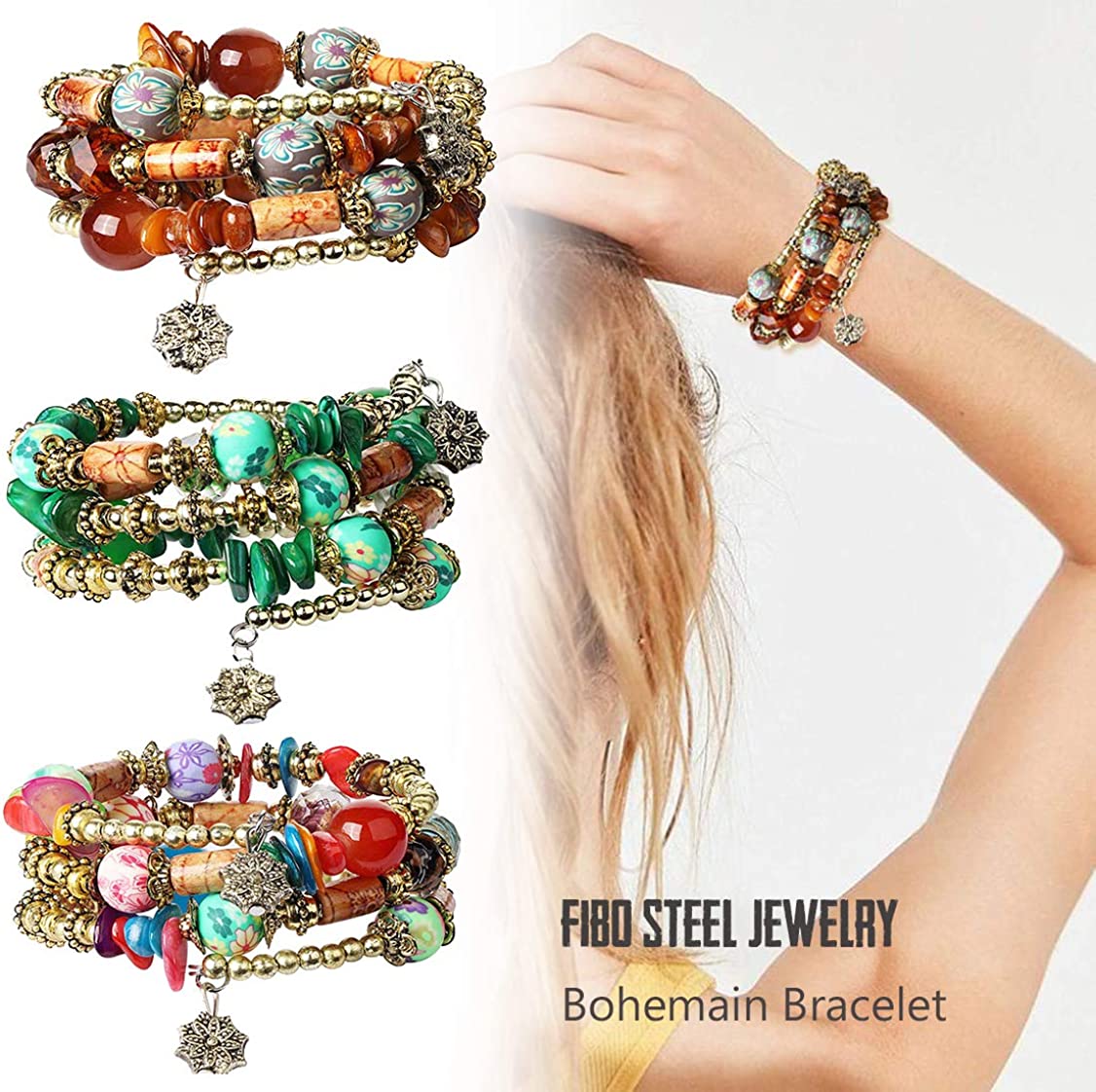 FIBO STEEL 6 Sets Bohemian Stackable Bead Bracelets for Women Stretch Multilayered Bracelet Set Multicolor Boho Jewelry - Image 3